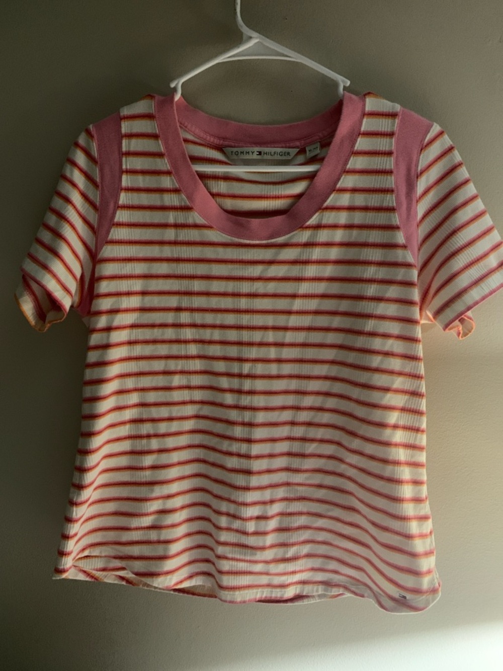 Tommy Hilfiger Cream Tee with Pink & Coral Stripes